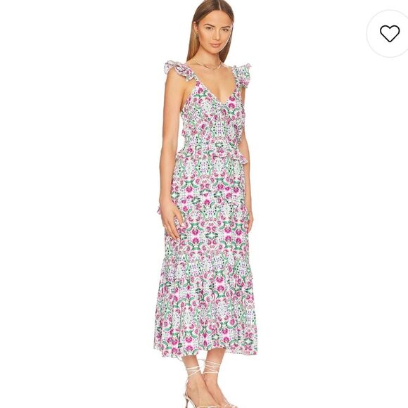 MISA x Revolve Morrison Floral Cotton Strappy Tiered Spring Fuschia Midi Dress - Picture 3 of 15
